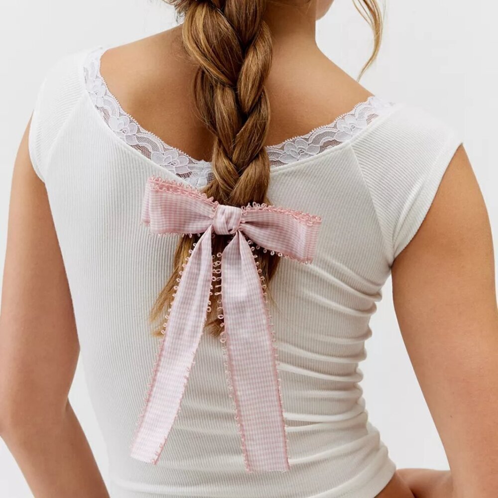 NWT Urban Outfitters Oversized Gingham Pink Hair Bow Barrette